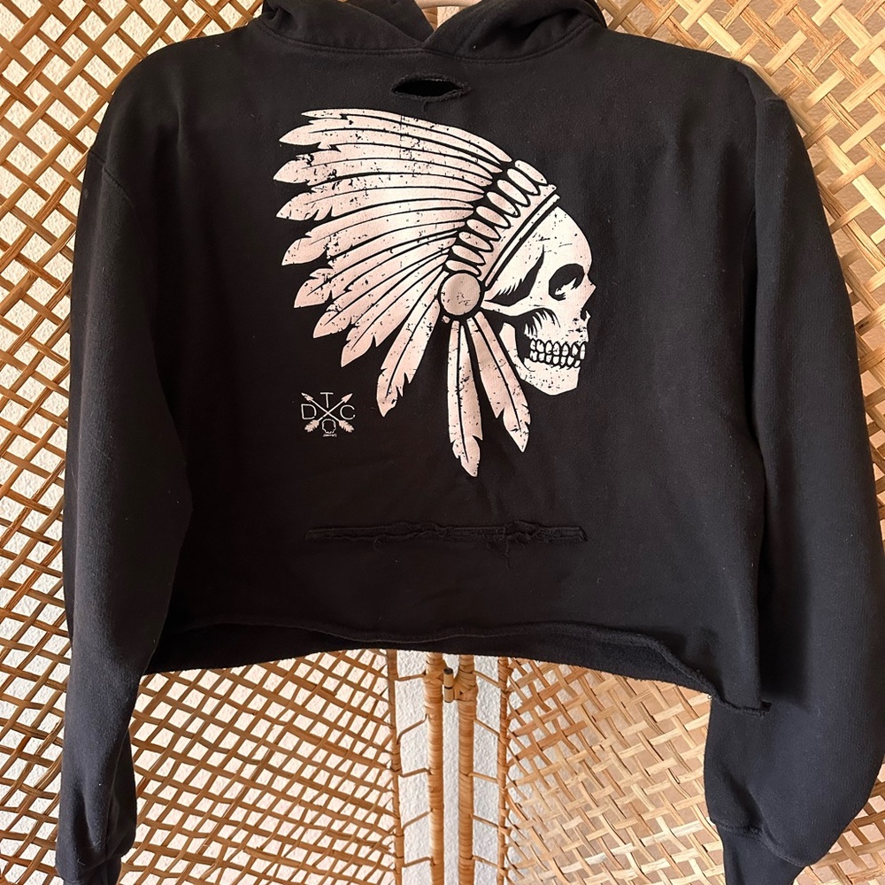 Black Hoodie with Skull and Feather Design
